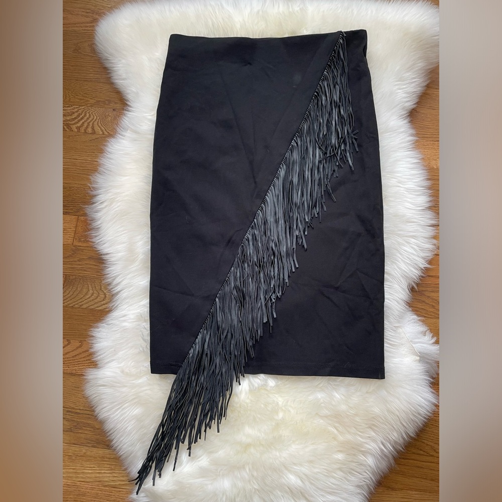 Faux leather fringe black pencil skirt